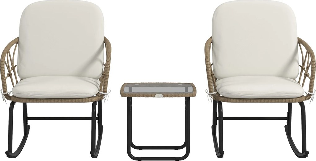 Outsunny 3 darabos Rattan Hinta Szék Szett, Kerti Bútor Szett 2 Hinta Székkel és 1 Kávézó Asztallal, Kerti Ülőgarnitúra Párnákkal, Erkélyre, Teraszra,