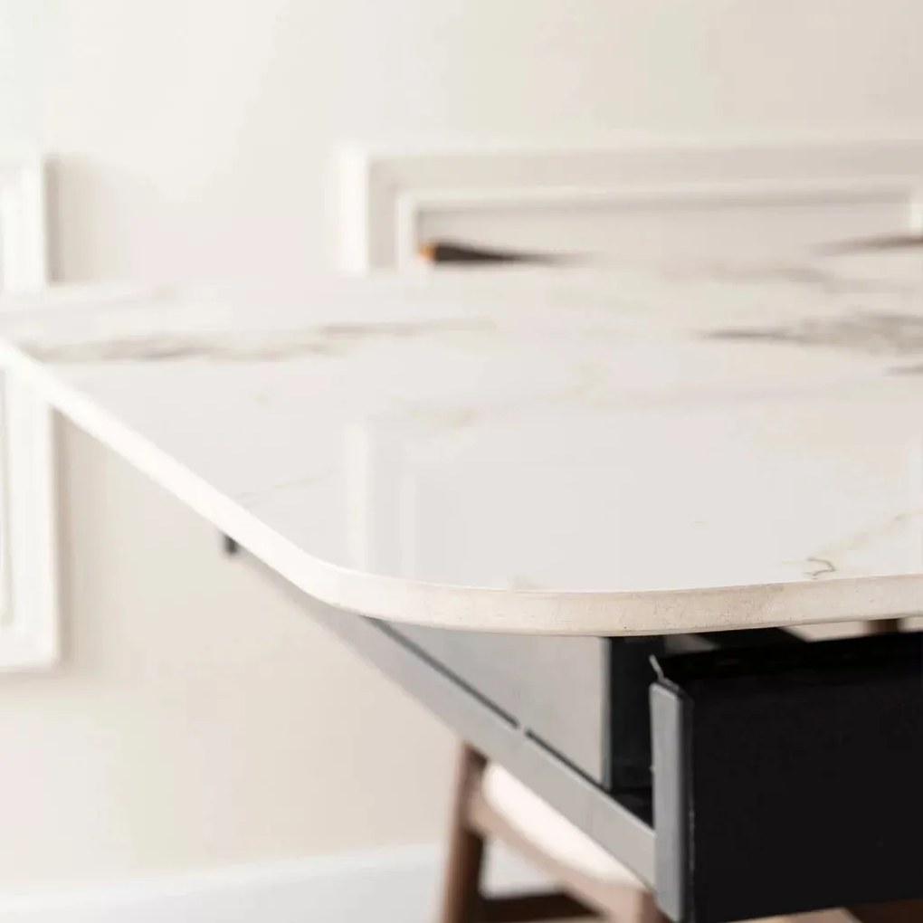 Bővíthető márványhatású kerámia étkezőasztal fehér/dió színben, ALICANTE 160–200 cm