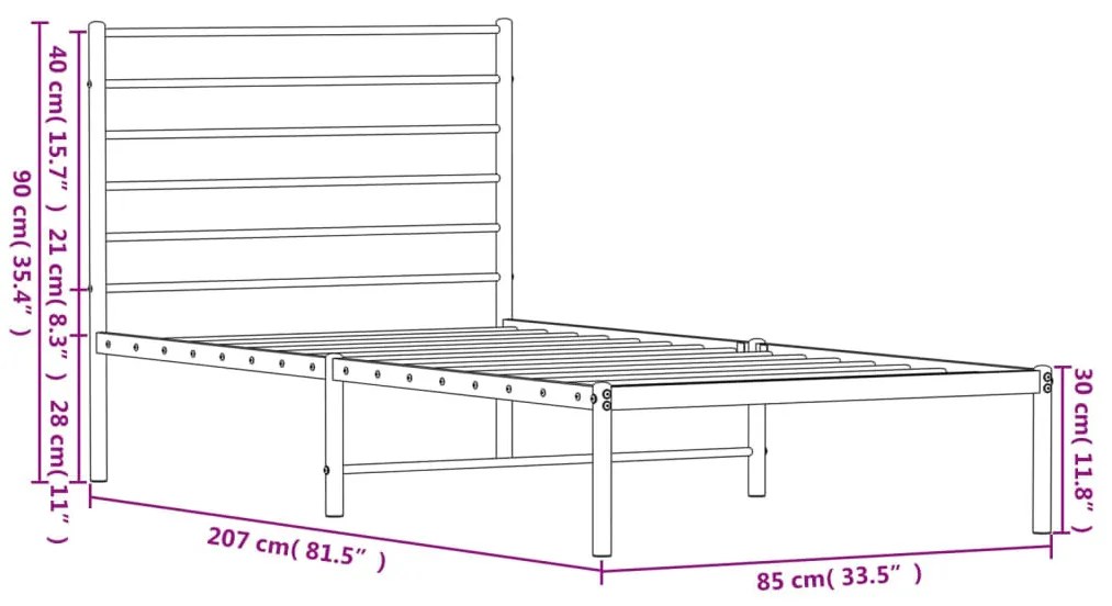 fekete fém ágykeret fejtámlával 80 x 200 cm