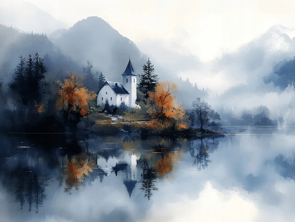 Vászonkép Canvas Tájkép Hegyek Tó Templom Ősz Erdő Köd 100x75