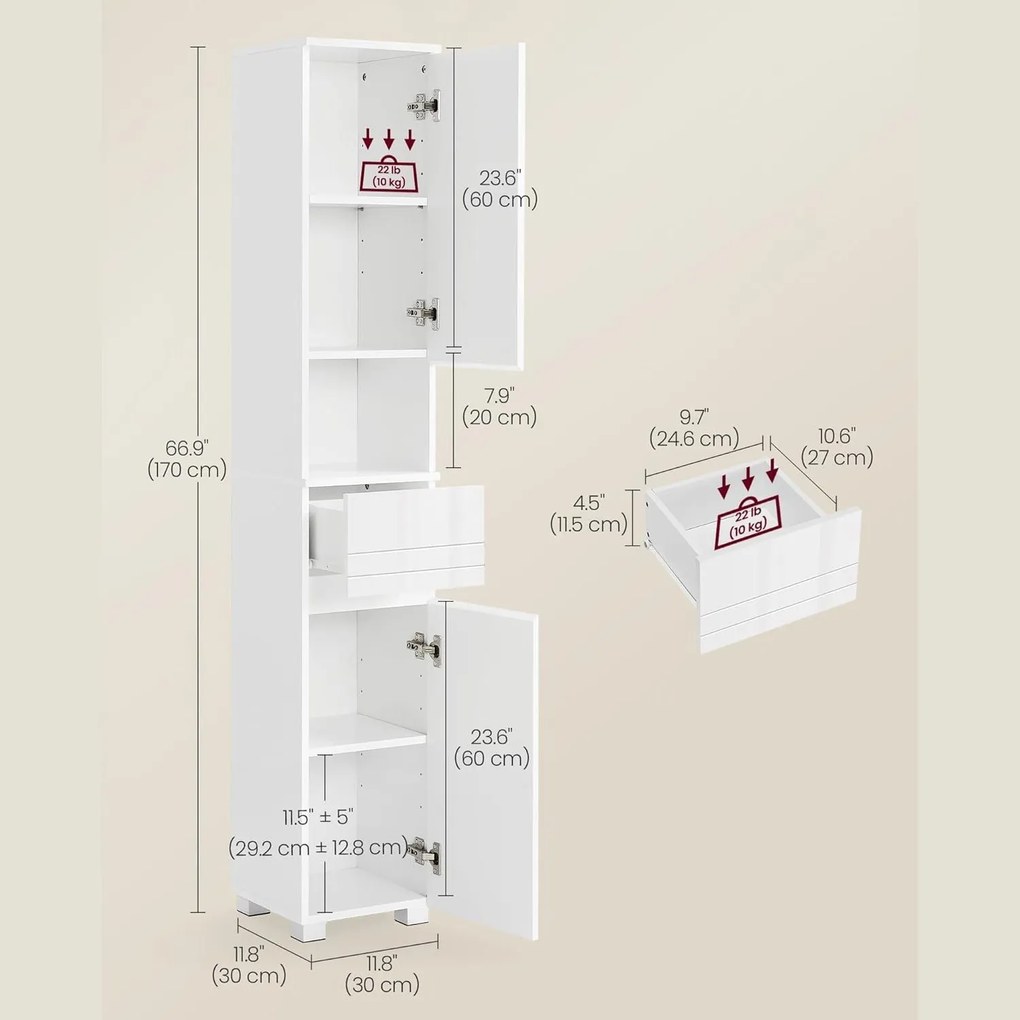 Keskeny fürdőszoba szekrény, fiókkal, állítható polcokkal, fehér, 30x30x170 cm