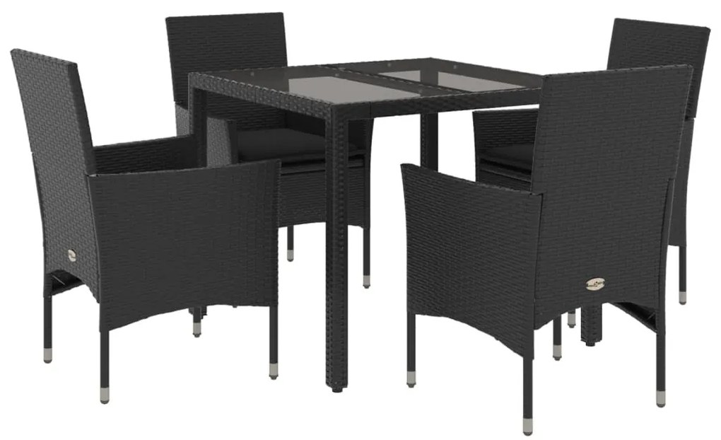 5 részes fekete polyrattan/üveg kerti étkezőgarnitúra párnákkal