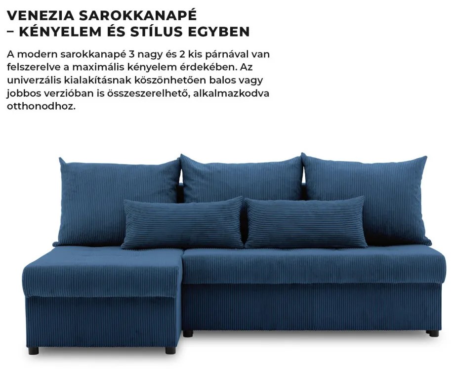 Venezia sarokkanapé, kordbársony, univerzális oldal, bonell töltet, kék