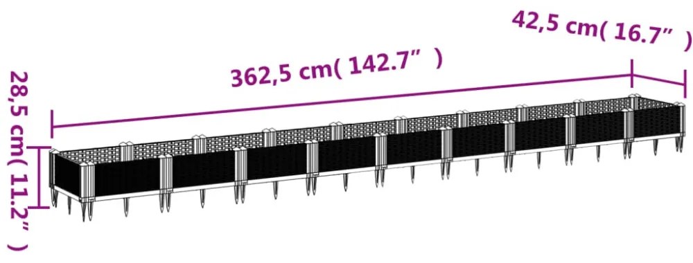 vidaXL fekete PP kerti virágláda cövekekkel 362,5 x 42,5 x 28,5 cm