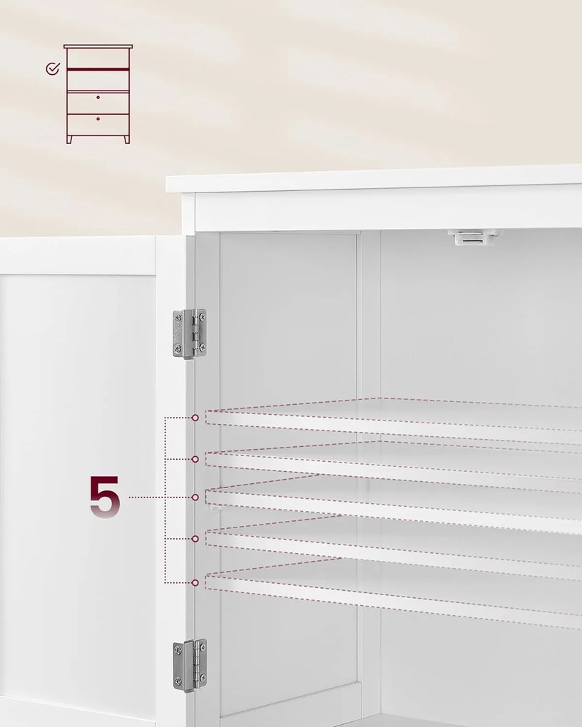 Tároló szekrény 2 ajtóval és 2 fiókkal állítható polccal,30 x 60 x 110 cm, fehér