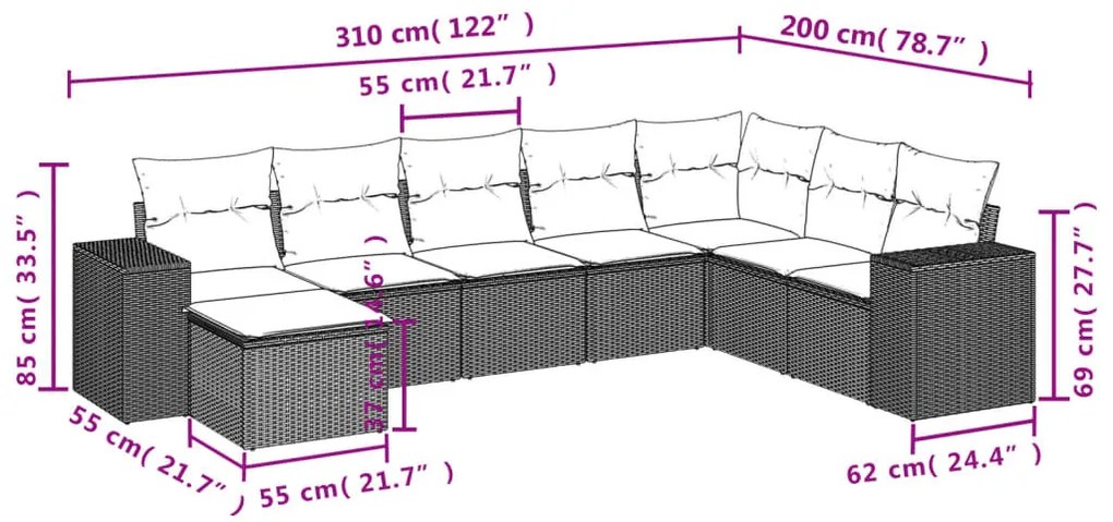 8 részes bézs polyrattan kerti ülőgarnitúra párnával