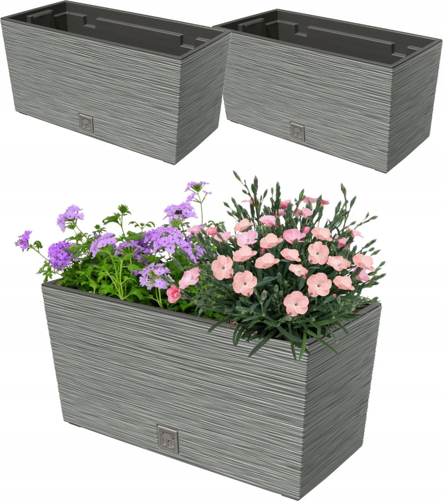 2x Virágtartó 12L erkélyláda 39,5x19,5 cm szürke tágas betét 8L