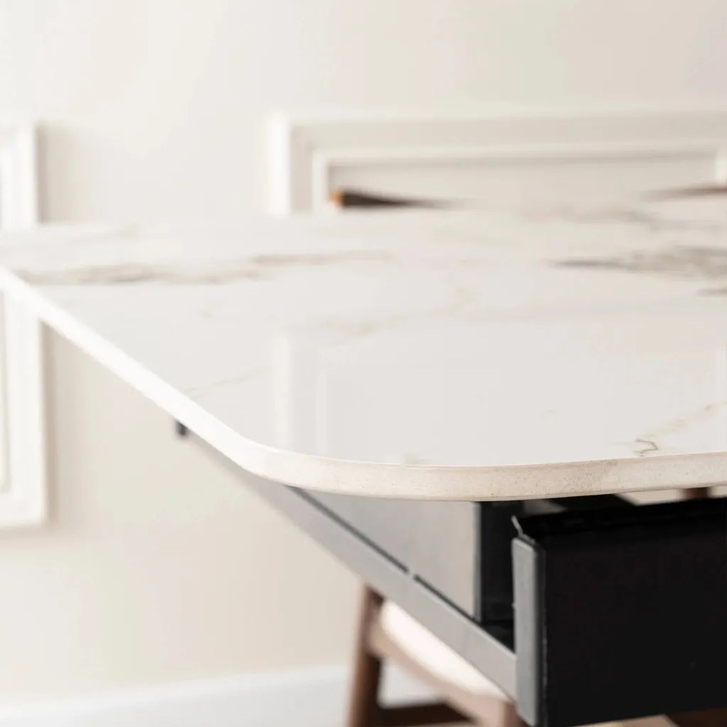 Bővíthető Márványhatású Kerámia Étkezőasztal Fehér/Dió Színben. ALICANTE 160-200 cm