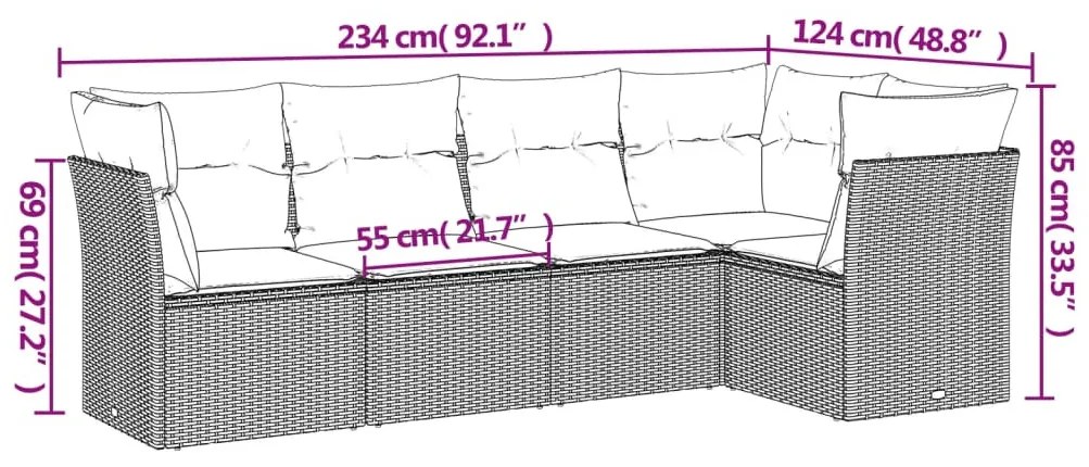 5 részes fekete polyrattan kerti kanapészett párnákkal