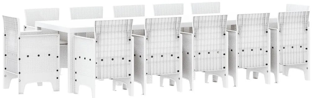13 Részes Kerti Étkező Szett Kárpitokkal Fehér Polirattan, Kerti Asztal Fehér 150x100x73 cm Polirattan, Kerti Székek Kárpitokkal 4 db Fehér Polirattan