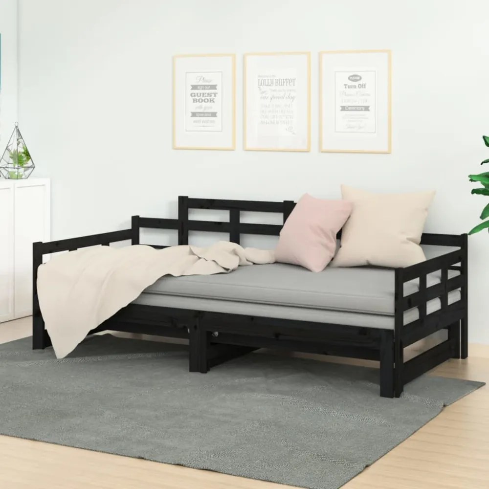 fekete tömör fenyőfa kihúzható kanapéágy 2 x (90 x 200) cm