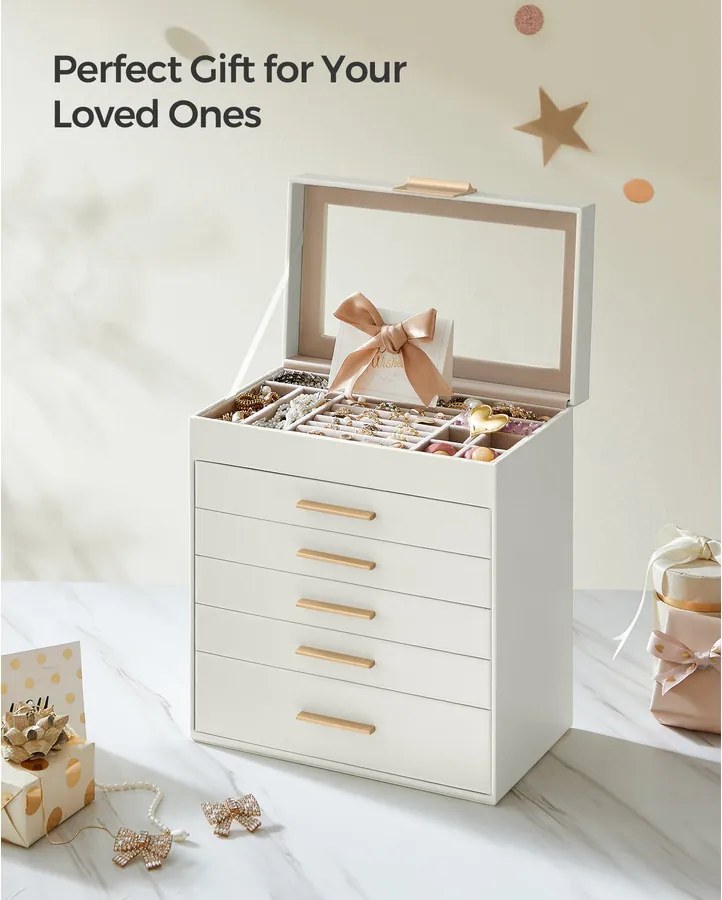 Ékszerdoboz üvegfedéllel, 6 szintes ékszertároló 5 fiókkal, 16,3 x 25,1 x 29 cm, felhőfehér