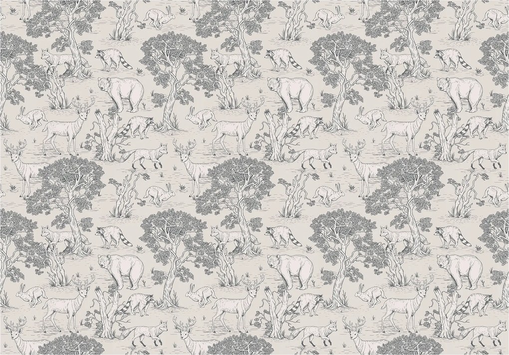 Flizelin fotótapéta Erdei állatok Fekete-fehér erdő vázlat 250x175 +ragasztó