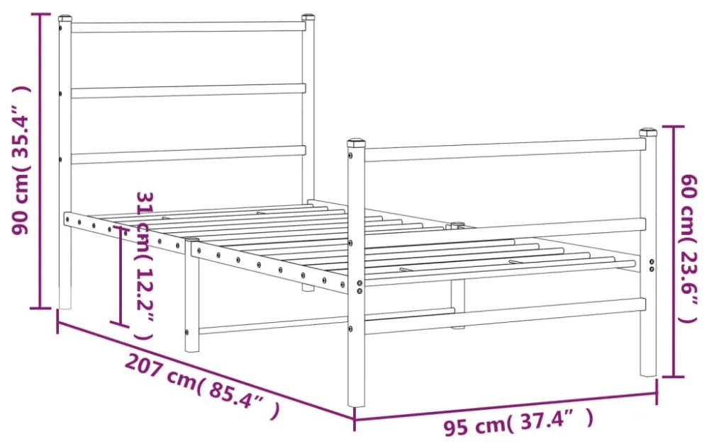fehér fém ágykeret fej- és lábtámlával 90 x 200 cm