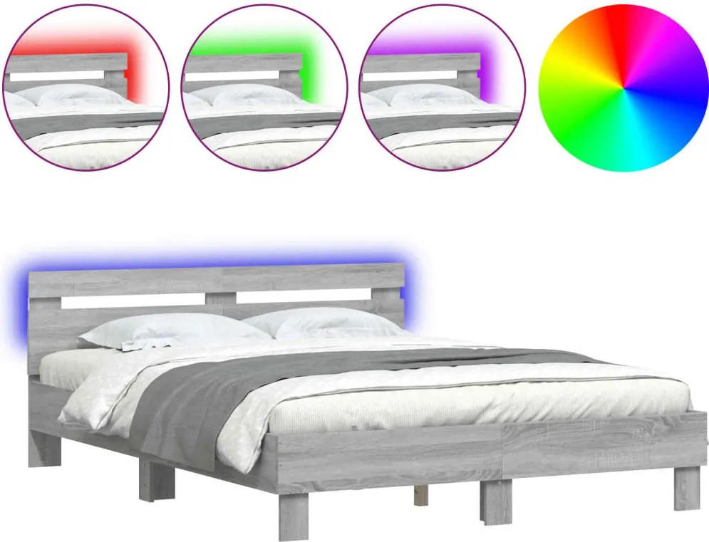 vidaXL szürke sonoma színű ágykeret fejtámlával és LED-del 150x200 cm