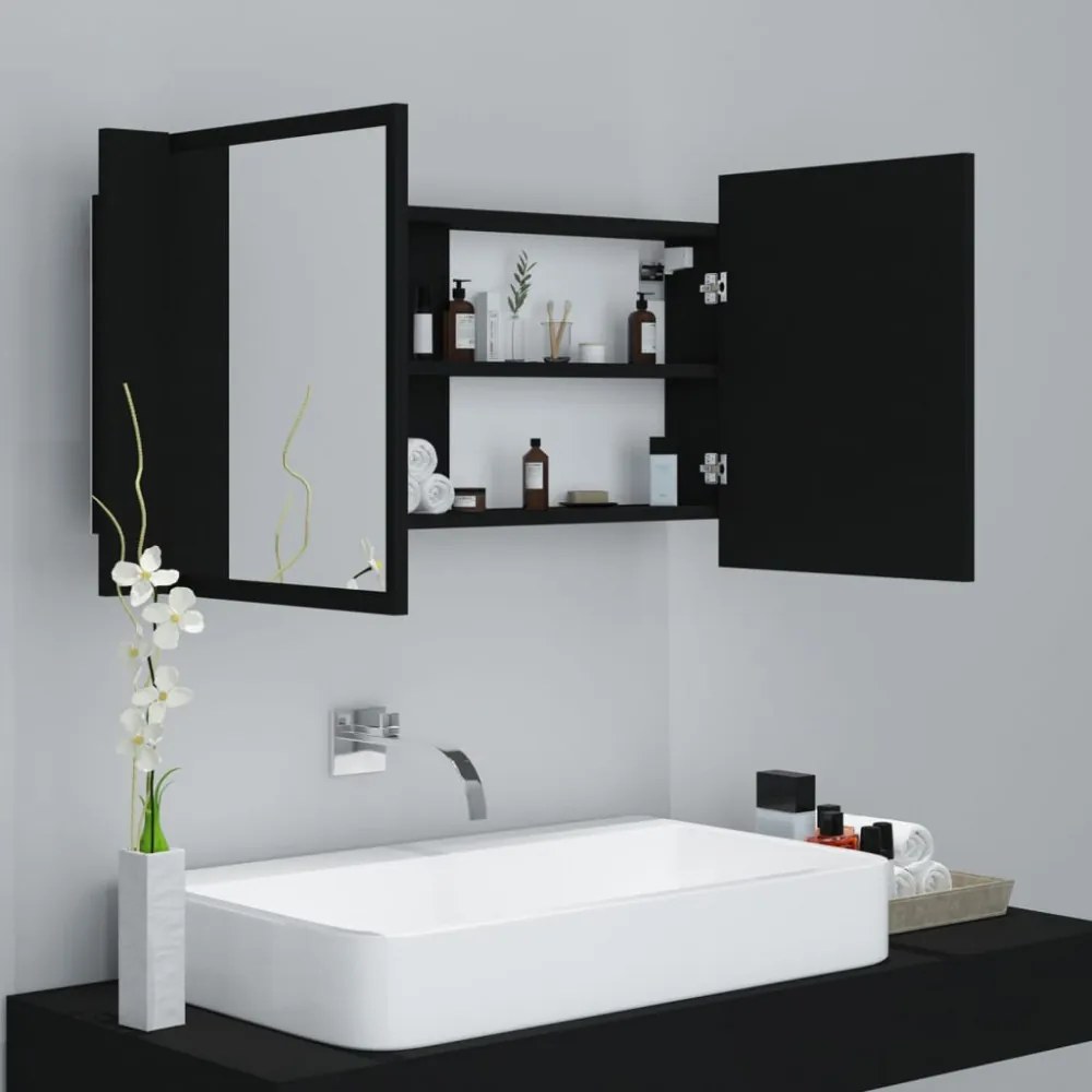 fekete akril LED-es fürdőszobaszekrény tükörrel 90x12x45 cm