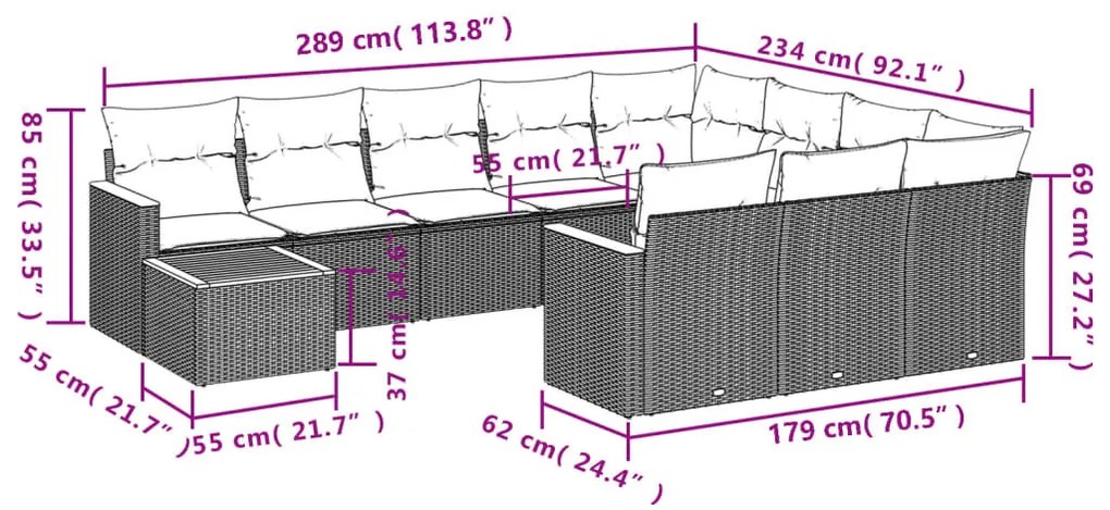 11 részes fekete polyrattan kerti ülőgarnitúra párnákkal