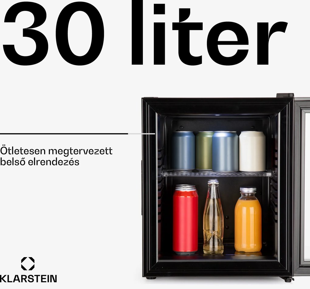 Klarstein Brooklyn 30, mini hűtőszekrény, üvegajtóval, LED világítás, polcok