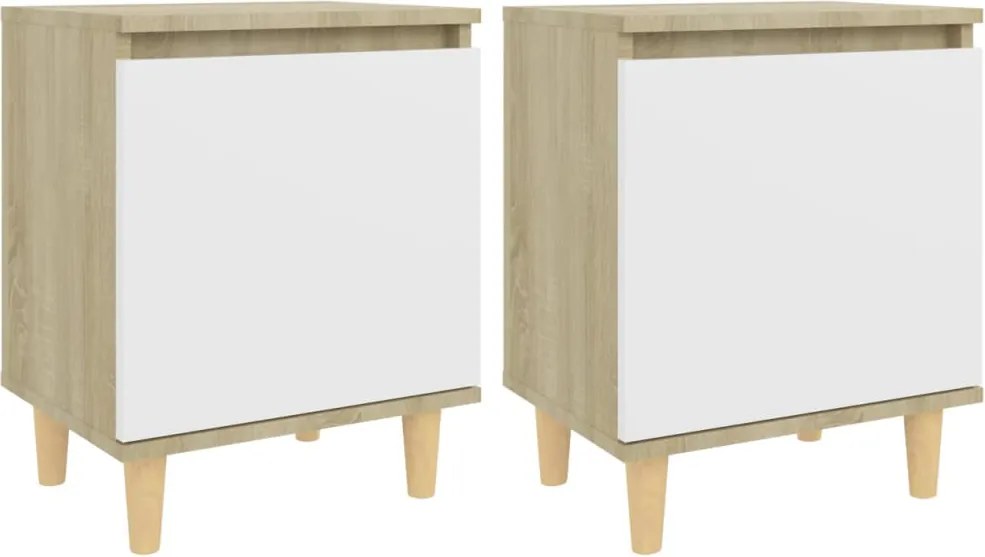 vidaXL 2 db tölgyszínű és fehér éjjeliszekrény fa lábakkal 40x30x50cm
