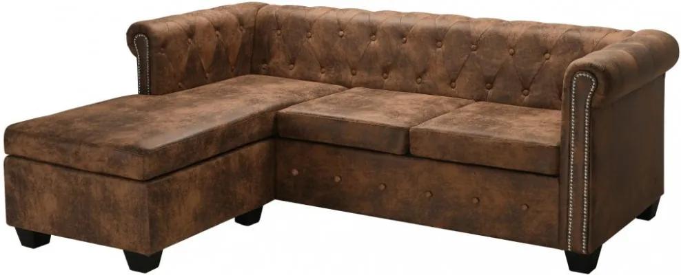 L-alakú, barna műbőr chesterfield kanapé