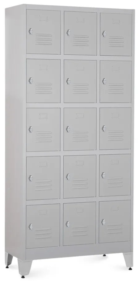 Fém szekrény - 15 doboz, 90 x 40 x 196,5 cm, helyreigazítással, lakathoz zár, világos szürke - ral 7035