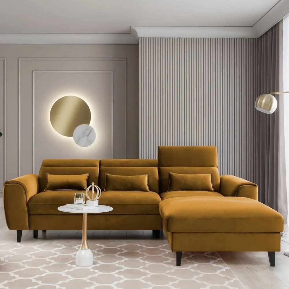 Sárga bársony kinyitható-tárolóhelyes sarokkanapé (jobb oldali-heverő résszel) Foble – ELTAP