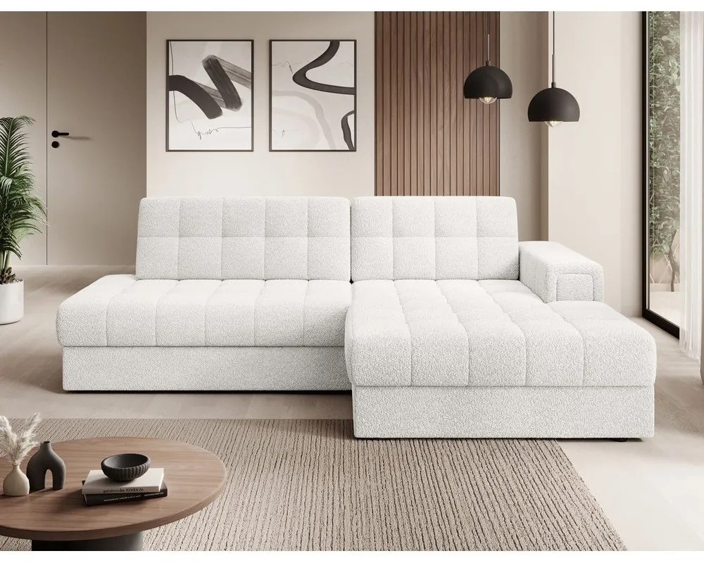 Krémszínű buklé kinyitható sarokkanapé (jobb oldali-heverő résszel) Blezalt – ELTAP