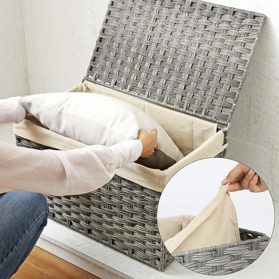 Rattan stílusú tárolódoboz, tároló kosár, 65 literes, szürke