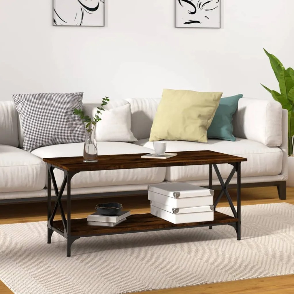 Füstös tölgy szerelt fa és vas dohányzóasztal 100 x 45 x 45 cm