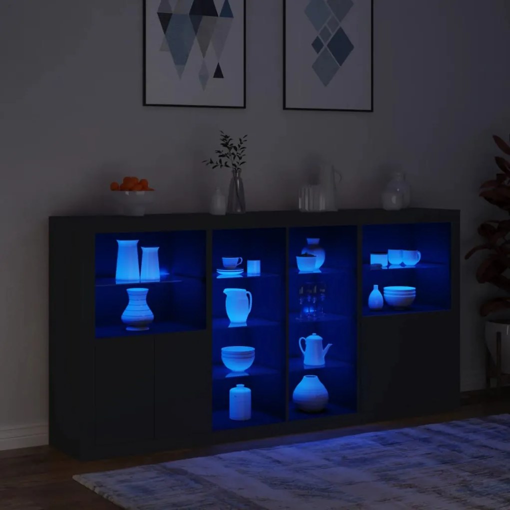 fekete tálalószekrény LED-világítással 202 x 37 x 100 cm