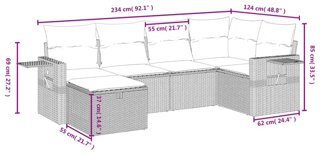 6 részes világosszürke polyrattan kerti ülőgarnitúra párnákkal