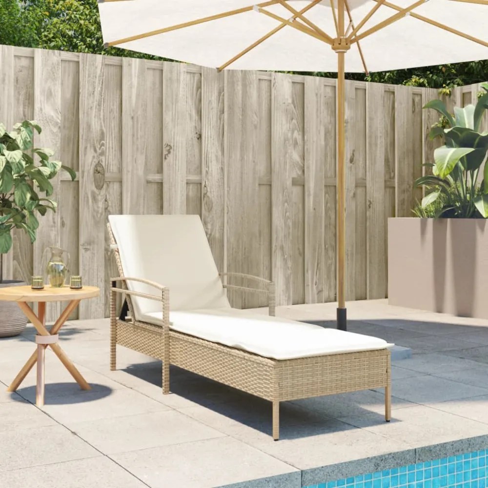 bézs polyrattan napozóágy párnával 63x200x81 cm