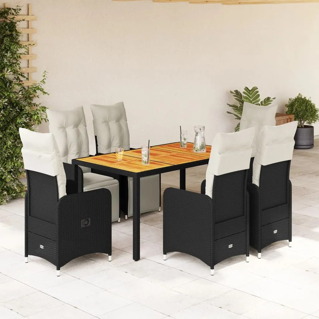 7 részes fekete polyrattan kerti bisztrógarnitúra párnákkal