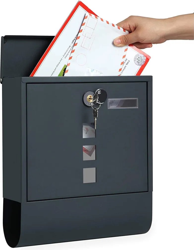 Zárható postaláda újságtartóval, névtáblával falra, kerítésre szerelhető, antricit szürke