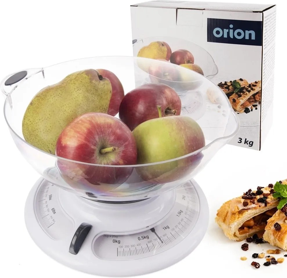Konyhai mechanikus mérleg levehető zöldség-gyümölcs tállal Orion 3 kg