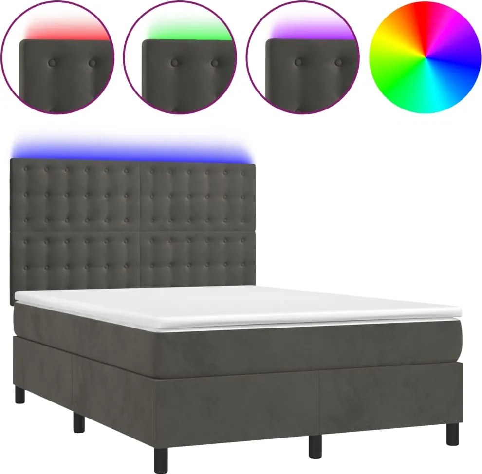 vidaXL sötétszürke bársony rugós és LED-es ágy matraccal 140x190 cm