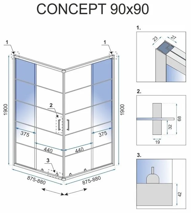 Rea Concept, zuhanykabin 90x90x190 cm, fekete profil + fekete Savoy zuhanytálca, KPL-K1002