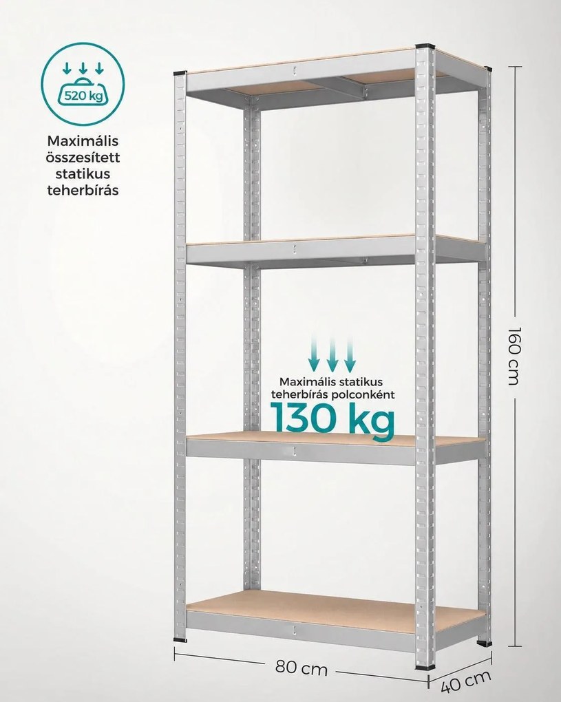 SONGMICS 2 db nagy teherbírású tárolóállvány, 4 állítható polccal, 80 x 40 x 160 cm, 520 kg/állvány, ezüst