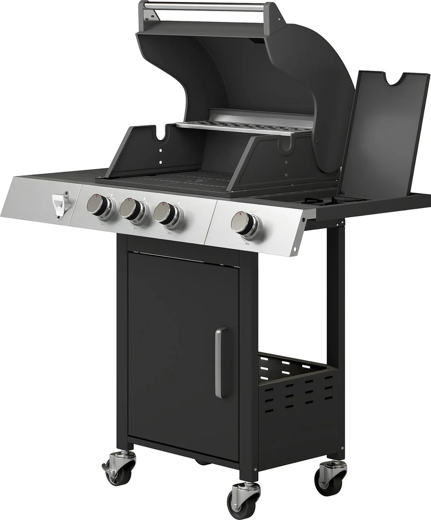 Outsunny 10,5 kW 3+1 égős propán gázgrill kocsival, rozsdamentes acél — oldalsó égő, sörnyitó, hőmérő, öntöttvas rácsok, melegentartó rács, kerekek, o