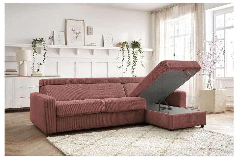 Rózsaszín kordbársony kinyitható sarokkanapé (variálható) Monaco – Bobochic Paris