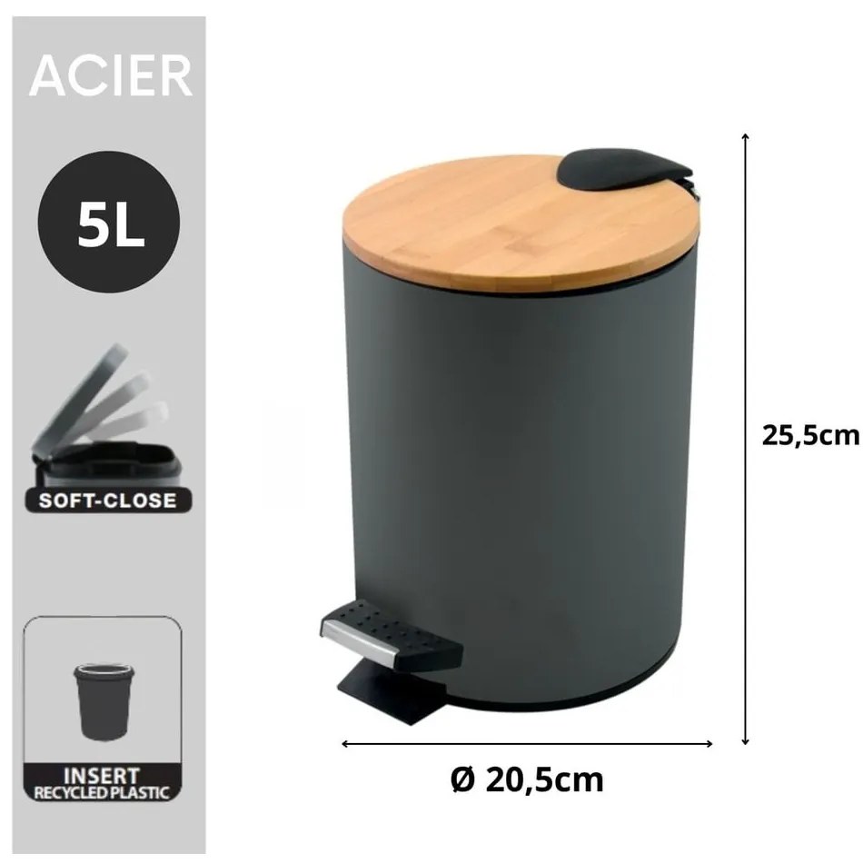 Sötétszürke acél pedálos szemetes 5 l Adonis – Spirella