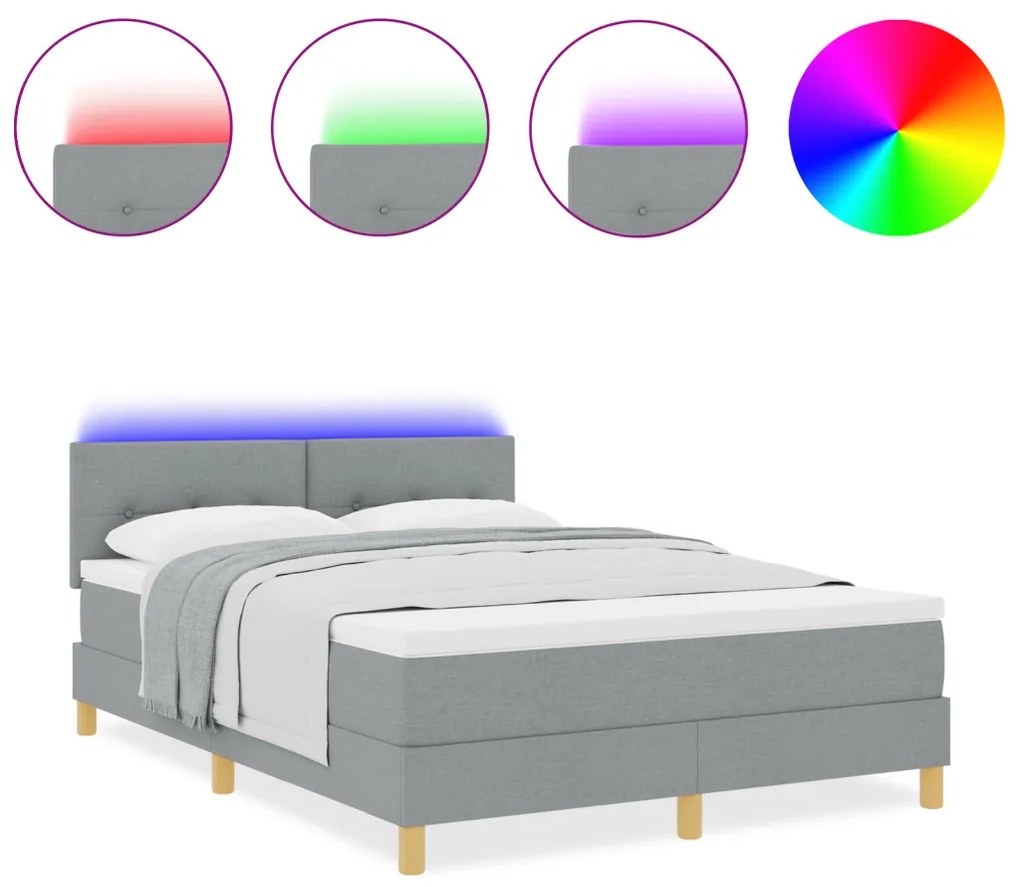 Box Spring Ágy Matraccal és LED Fénnyel Világosszürke 160x200 cm Szövet