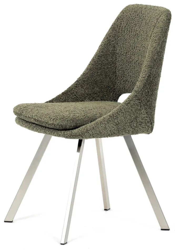 Scaun de sufragerie modern, tapițerie din material verde, picioare metalice, oțel inoxidabil periat.