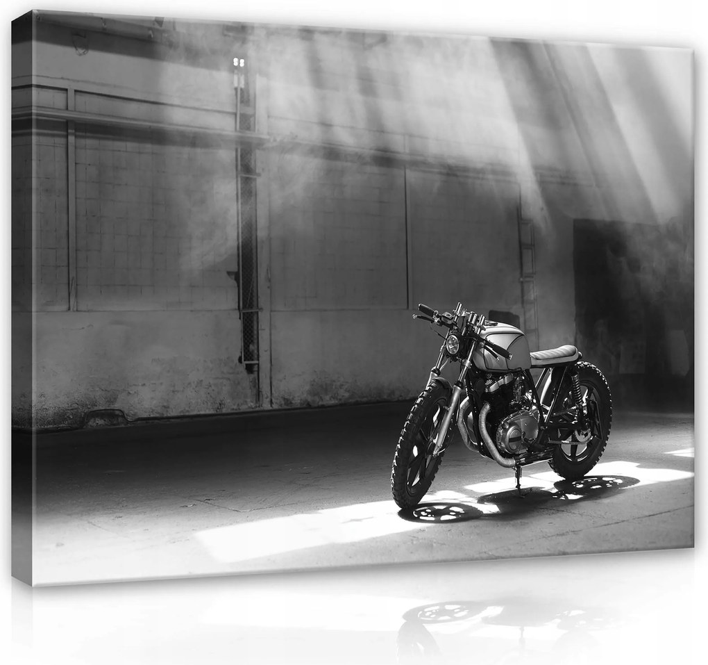 Vászonkép 80x60 Motorkerékpár Café Racer stílus ipari fény árnyék fekete fehér