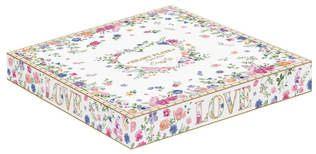 Virág mintás porcelán szív alakú kínáló tálca 20x19 cm díszdobozban Easy Life Mon Amour