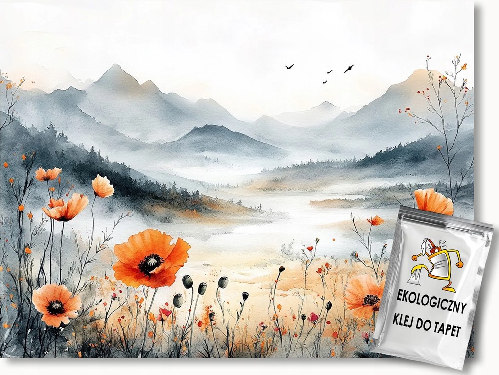 Fotótapéta Flizelina Tájkép Hegyek Panoráma Rét Pipacs Virágok 200x140 ragasztó