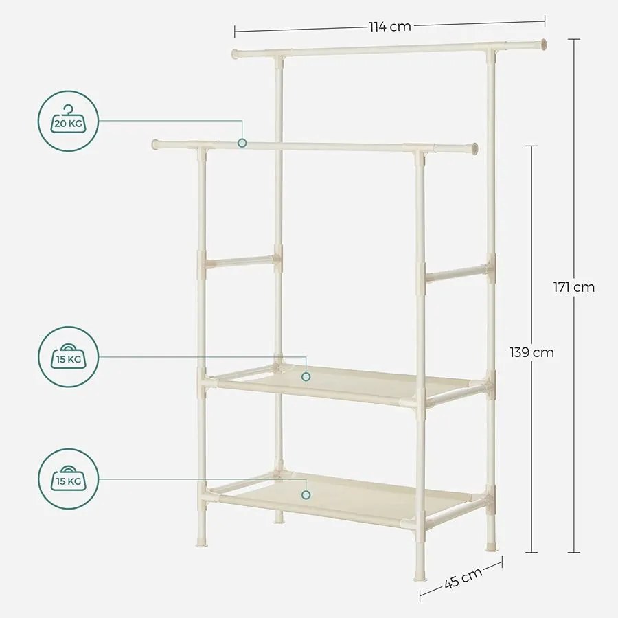 Ruhaállvány 2 tárolópolccal, szobainas 114 x 171 x 45 cm, fehér