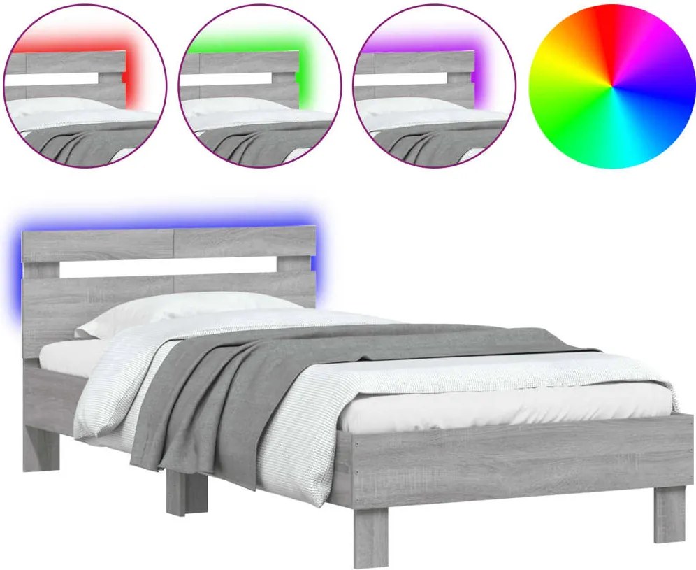 vidaXL szürke sonoma ágykeret fejtámlával és LED-ekkel 100 x 200 cm