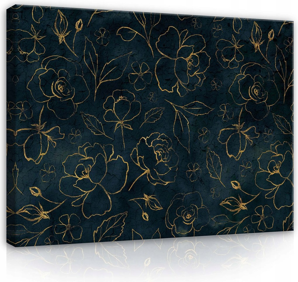 Vászonkép 80x60 Arany minta sötét háttér virágok levelek elegancia luxus
