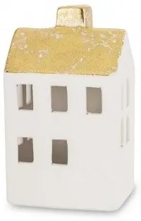 LED-es karácsonyi fehér kerámia házikó arany tetővel ablakokkal asztali dekoráció 13x7,5x6cm